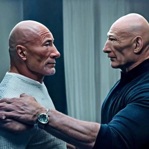 Prompt: film still, dwayne johnson grabbing the throat of patrick stewart in a new netflix psychological thriller movie, wide shot