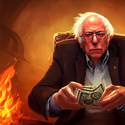 Image similar to portrait of bernie sanders burning money, league of legends amazing splashscreen artwork, splash art, natural light, elegant, photorealistic facial features, intricate, fantasy, detailed face, atmospheric lighting, anamorphic lens flare, cinematic lighting, league of legends splash art, hd wallpaper, ultra high details by greg rutkowski