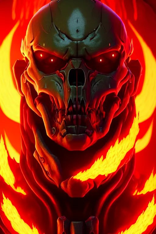 Prompt: epic portrait of doom slayer, flames around him rendered in unreal engine 5, by wlop, greg rutkowski, and peter mohrbacher, octane render, ultra high detail, 3 d, extremely detailed shading, concept art, character design, trending on artstation, atmosphere, glow, cinematic lighting, vibrant colors