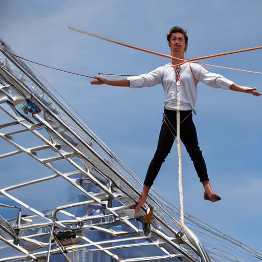 Prompt: tightrope walker above Erasmus bridge, hyperdetailed