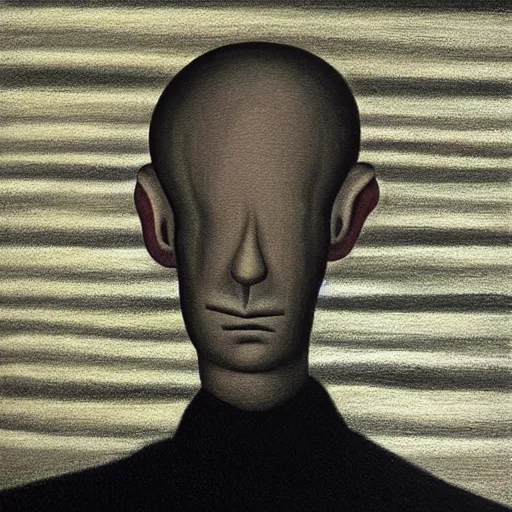 Image similar to a painting of a man wearing striped shirt, a surrealist painting by gertrude abercrombie. surrealism, dark, low contrast, featured on pixiv, precisionism, art on instagram, detailed painting