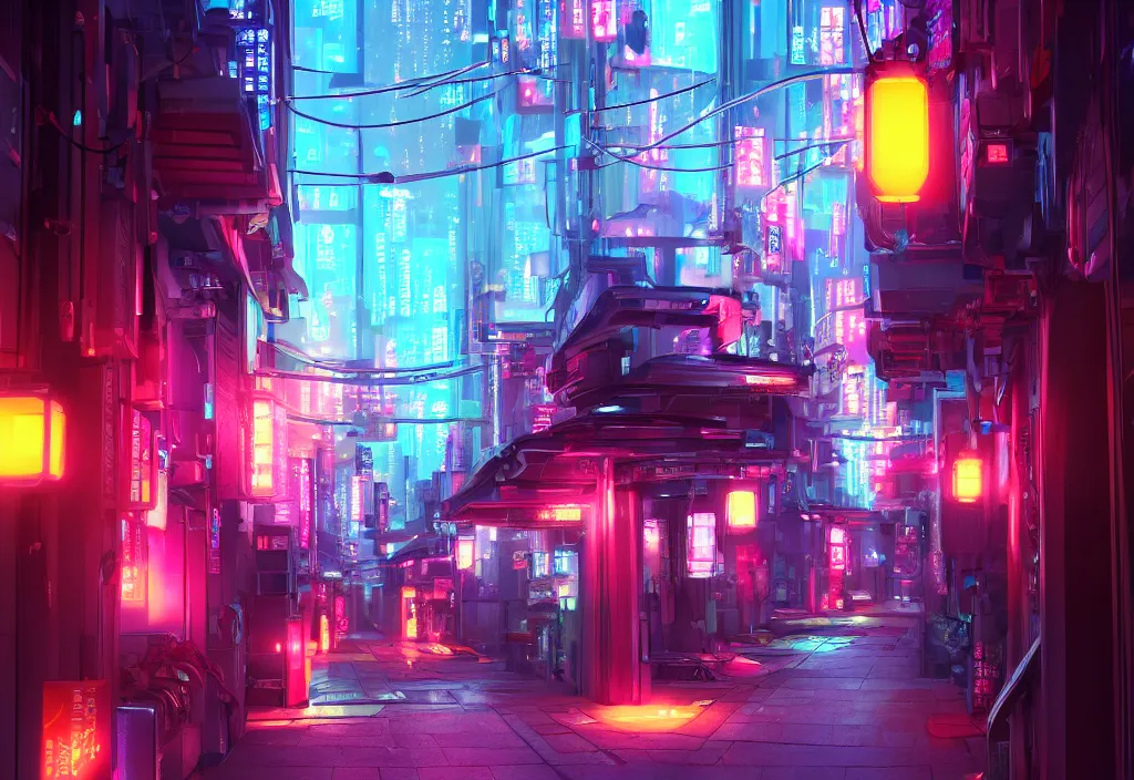 Image similar to a futuristic cyberpunk japanese izayaka alley with neon lights and lanterns, soft glow, intricate, cybernetic, trending on artstation, octane render, colorful, by rossdraws and makoto shinkai