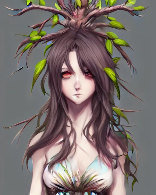 Image similar to character concept art of an anime dryad | | cute - fine - face, pretty face, realistic shaded perfect face, fine details by hyeyoung kim, trending on artstation