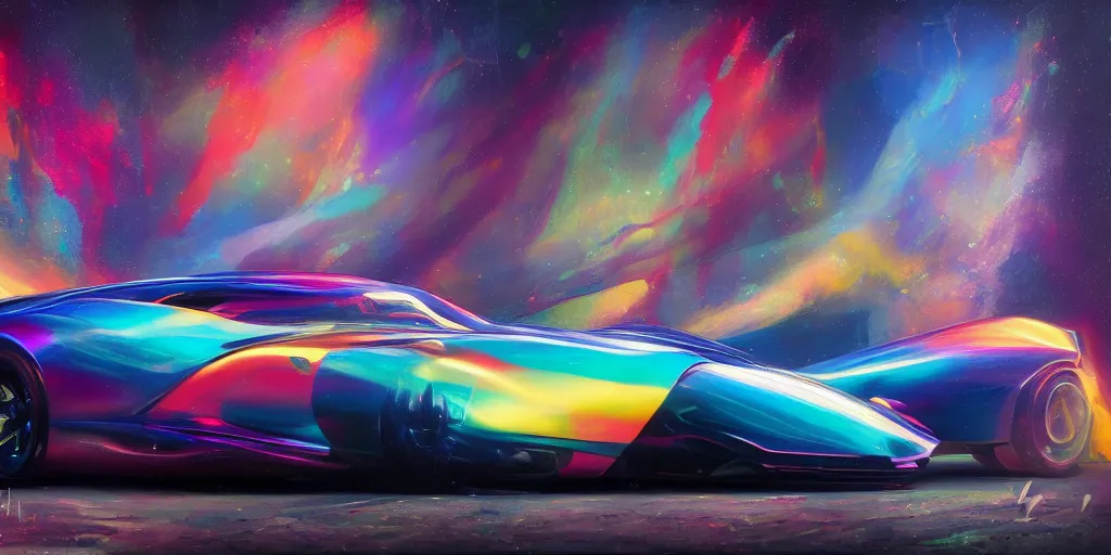 Image similar to full view of a sport car, painted in many bright colors holographic pearlescent, elegant, digital painting, concept art, smooth, sharp focus, art style from Wang Ke and Greg Rutkowski and Bruce Kaiser and Scott Robertson and Dmitry Mazurkevich and Doruk Erdem and Jon Sibal, small style cue from Blade Runner