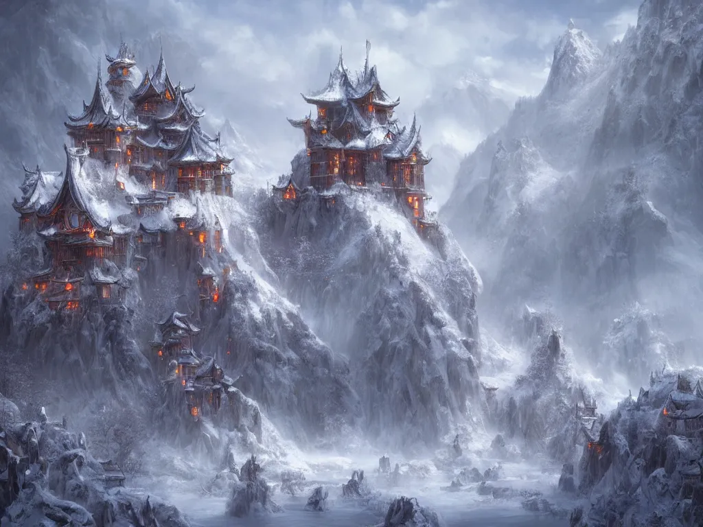Prompt: elves live in fantasy castles, blizzard, cinematic landscape ， on a snowy day, by xu beihong