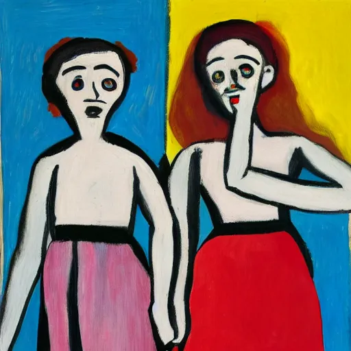 Image similar to two girls holding hands while watching the world burn, done in the style of matisse, caravaggio, basquiat, akseli gallen kallela, highly detailed, 4 k