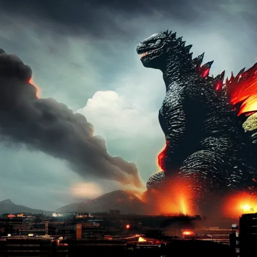 Image similar to godzilla attacking fukushima daiichi unit 4, dramatic lighting