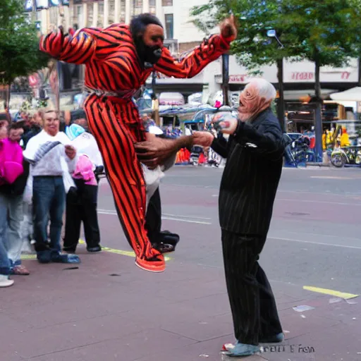 Image similar to mr. t street performer body slamming old man, detailed facial expressions