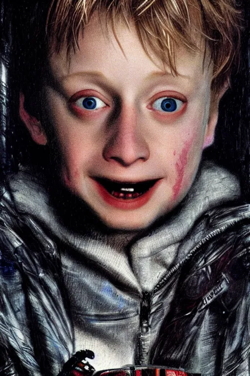 Image similar to realistic portrait beautiful concept art of home alone 2 movie scene when little macaulay culkin turns into cyborg. horror, created by gustave dore and greg rutkowski, high detailed, smooth draw, synthwave neon retro, intricate, trending on artstation.