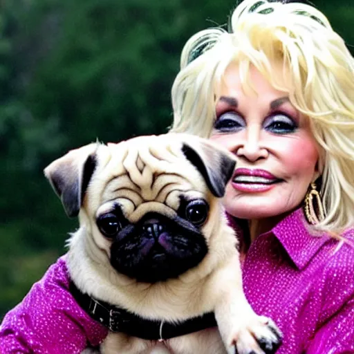Image similar to dolly parton holding a cute pug way over her head, smile on her face