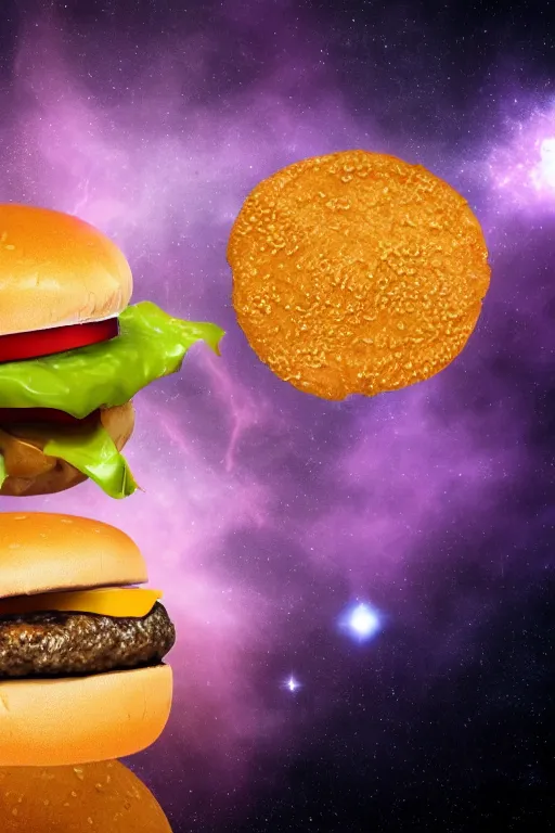 Prompt: a cheeseburger floating apart in space. nebula background. highly detailed. 3 d rendered, beautiful lighting, 8 k