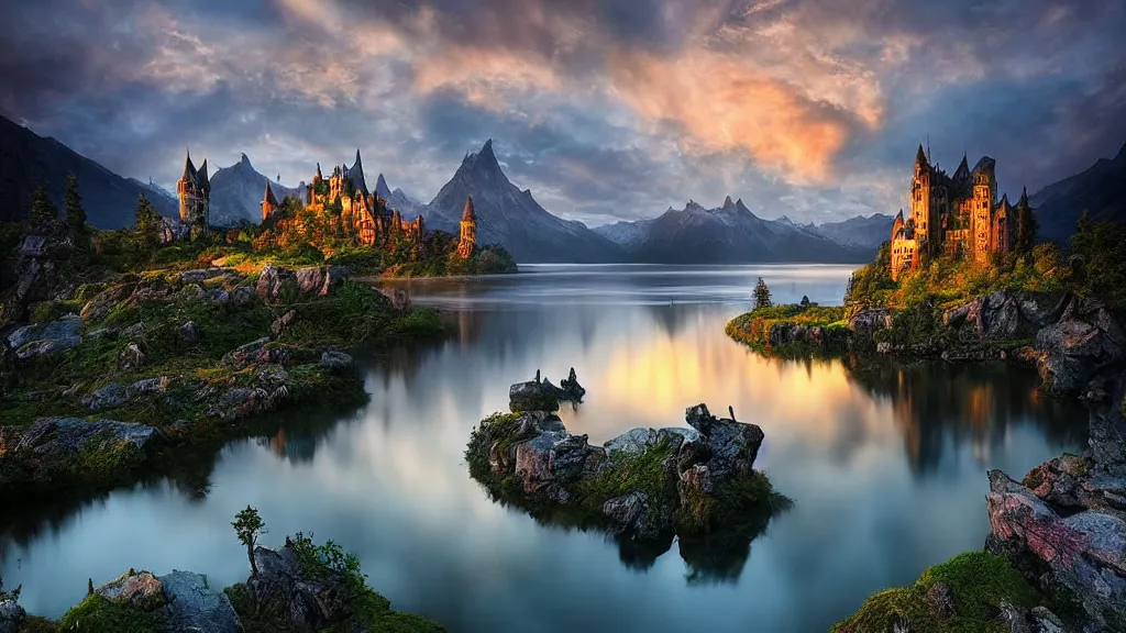 Prompt: amazing photo of a fairy castle with a lake in sunset by marc adamus, beautiful dramatic lighting