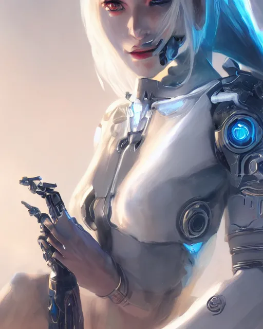 Image similar to holy cyborg necromancer girl, elegant, perfect face, scifi, futuristic, utopia, garden, illustration, atmosphere, warframe, blue eyes, white hair, focused, artstation, nier automata, highly detailed, art by yuhong ding and chengwei pan and serafleur and ina wong