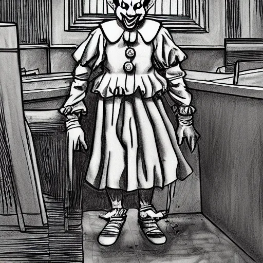 Image similar to pennywise at the witness stand in court. full body. court sketch. intricate. 8 k. highly professionally detailed. hdr. cgsociety