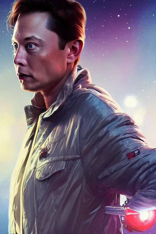 Image similar to elon musk as marty mcfly near delorean, realistic portrait, symmetrical, highly detailed, digital painting, artstation, concept art, smooth, sharp focus, illustration, cinematic lighting, art by artgerm and greg rutkowski and alphonse mucha