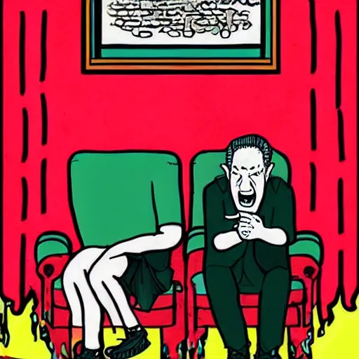 Image similar to Cthulhu lost inside the red room from Twin Peaks while David Lynch laughs in the background, mike judge art style, 90s mtv illustration W- 1920