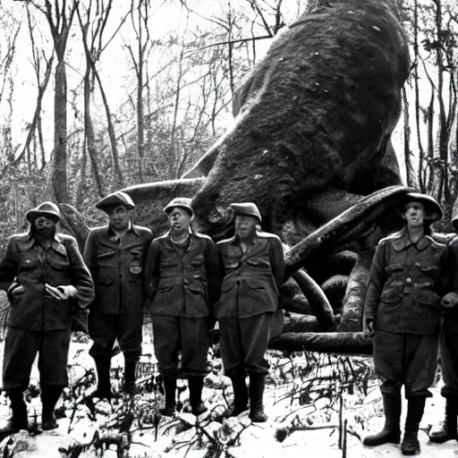 Prompt: group of world war II soldiers standing around massive dead creature in the forest, winter