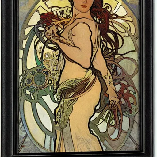 Prompt: organic cyborg art by alphonse mucha