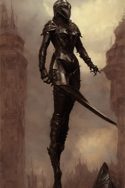 Image similar to stoya wearing black medieval armour, bare legs, detailed, by gaston bussiere, bayard wu, greg rutkowski, giger, maxim verehin, greg rutkowski, masterpiece, sharp focus, cinematic lightning