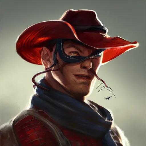 Prompt: a portrait of spiderman with a cowboy hat on with an American flag scarf, D&D, sci-fi, elegant, hopeful, muscular, highly detailed, digital painting, artstation, concept art, smooth, sharp focus, illustration