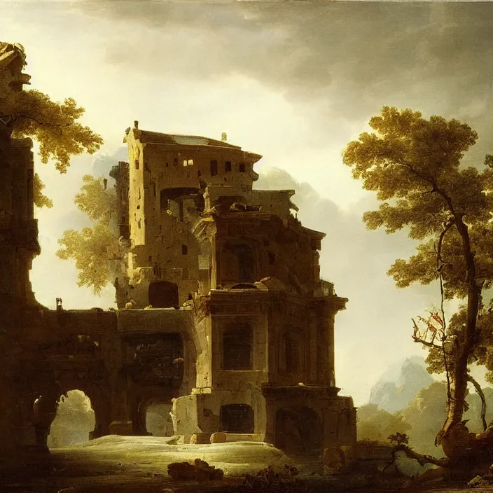 Prompt: a building in a landscape, by hubert robert