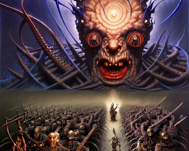 Image similar to the army of darkness and the incarnate of evil, fantasy character portrait made of fractals facing each other, ultra realistic, wide angle, intricate details, the fifth element artifacts, highly detailed by peter mohrbacher, hajime sorayama, wayne barlowe, boris vallejo, aaron horkey, gaston bussiere, craig mullins