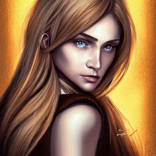 Image similar to portrait, 30 years old women :: fantasy :: amber eyes, long straight darkblond hair :: attractive, symmetric face :: brown medieval cloting, natural materials :: high detail, digital art, RPG, concept art, illustration