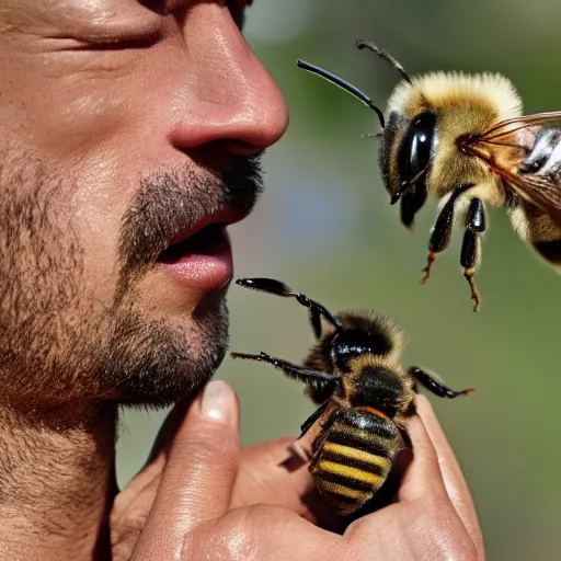 Image similar to a photo of a man arguing with a bee, the man is losing