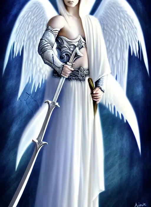 Image similar to a white angel holding a sword and a sword, digital art by Anne Stokes, deviantart, fantasy art, angelic photograph, wiccan, deviantart