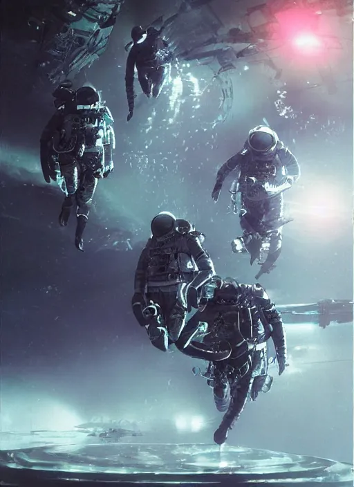 Image similar to astronauts in dark and empty void underwater - complex and hyperdetailed technical suit. reflection and dispersion materials. rays and dispersion of light. volumetric light. 5 0 mm, f / 3 2. noise film photo. flash photography. ultra realistic, wide angle. poster by wayne barlowe, hajime sorayama aaron horkey, craig mullins
