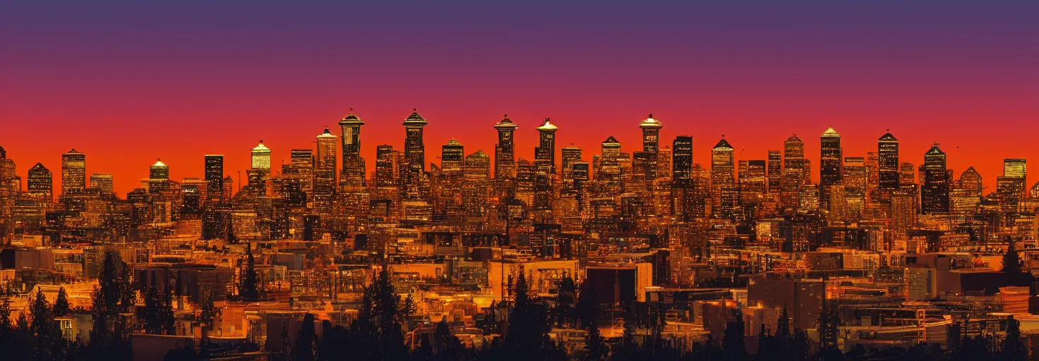Prompt: panorama of Seattle at sunset, retro, highly-detailed, nostalgic, trending on artstation, 4k, trail lights, lowpoly, digital art, slight fog