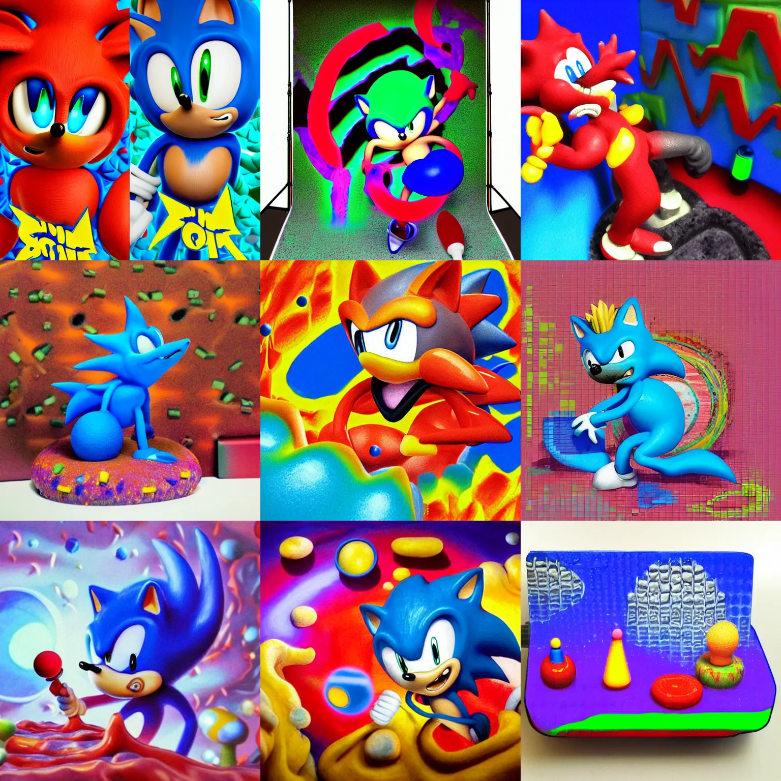 Prompt: clay stop motion claymation portrait of sonic hedgehog and surreal sharp, detailed professional soft pastels high quality airbrush art lava lamp album cover liquid dissolving airbrush art lsd dmt sonic the hedgehog swimming through cyberspace lava lamp checkerboard background 1 9 9 0 s 1 9 9 2 sega genesis rareware video game album cover