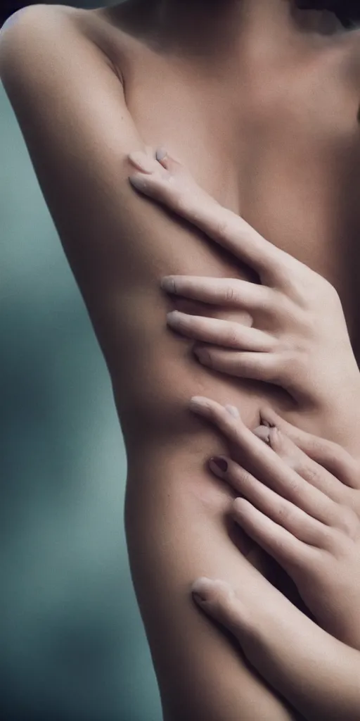 Prompt: a blurry closeup picture of woman's skin gripped tightly, female bodies, hands, macro photography, long exposure photograph, surrealism, anamorphic bokeh, atmospheric lighting, cinematic