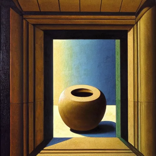 Prompt: still life painting of a room with a marbled pedestal displaying an ancient holy artifact centered in frame and shaped like a torus, chromed and ornate with gentle iridescent shine from within. perspective from the side and centered. realistic light and shadows. moody fantasy magical, still life renaissance pastel painting. focused