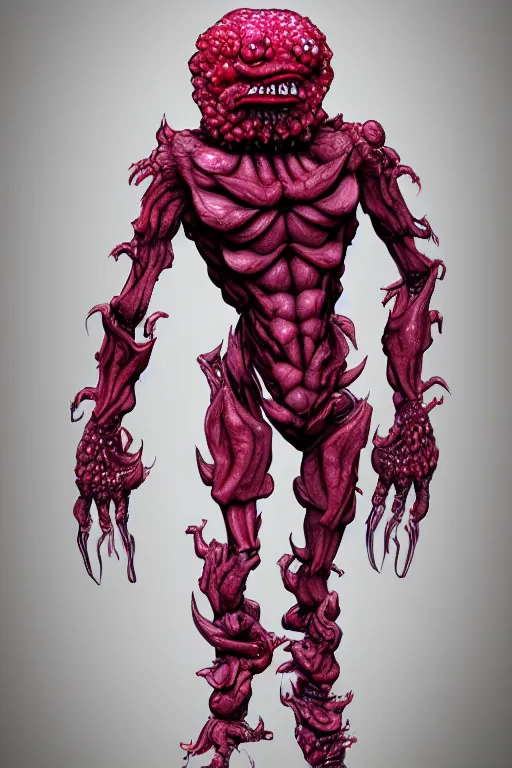 Image similar to a humanoid figure raspberry monster, highly detailed, digital art, sharp focus, trending on art station, anime art style