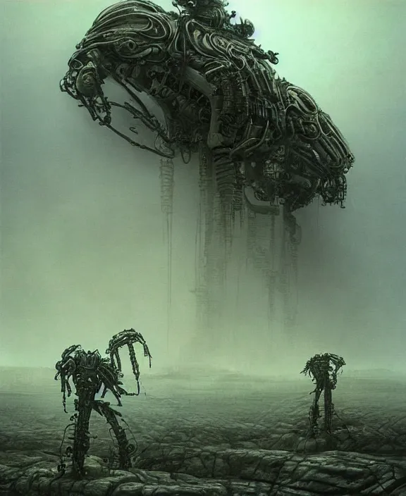 Prompt: mechanical alien titan mech on a strange planet by HR Giger and Beksiński, 4k resolution, detailed, trending on artstation
