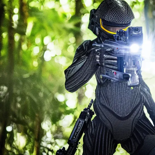 Prompt: close up Crysis Nanosuit shooting at enemies in a devastated burning exploding jungle combat photography 2022, Canon EOS R3, f/1.4, ISO 200, 1/160s, 8K, RAW, unedited, in-frame,