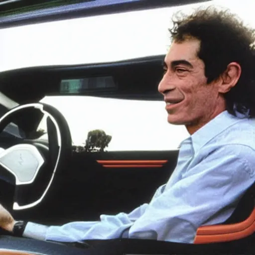 Image similar to photo of Ayrton Senna talking on smarthphone, driving a tesla