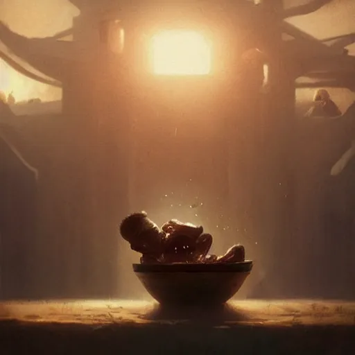 Image similar to an otherworldly being is eating a bowl of tiny humans, dramatic lighting, cinematic, establishing shot, extremly high detail, photorealistic, cinematic lighting, artstation, style by greg rutkowski