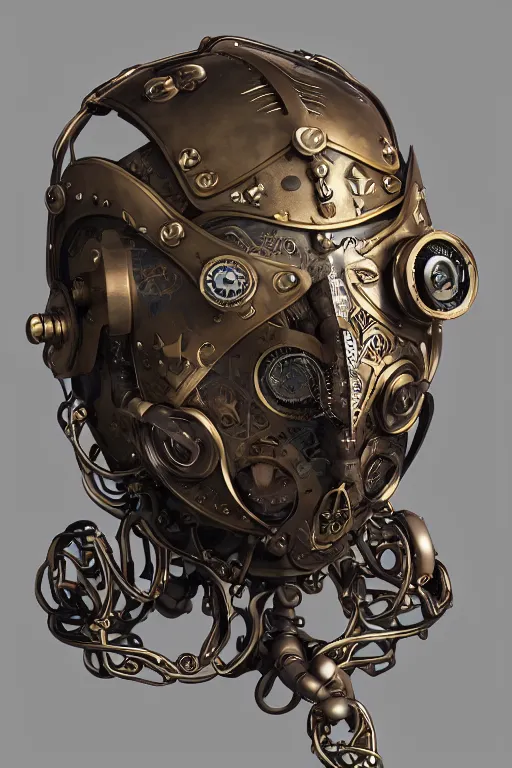 Image similar to steampunk mask minimalist fantasy art robot ninja helmet, global illumination ray tracing hdr fanart arstation by sung choi and eric pfeiffer and gabriel garza and casper konefal chaykin howard and campionpascale and cooke darwyn and davis jack