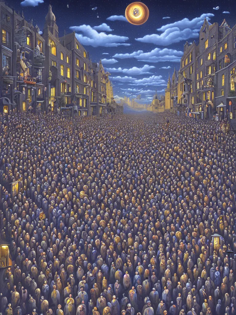 Image similar to A crowded street extending into the night sky, matte painting by Rob Gonsalves, in the style of Salvador Dalí, surrealism, magic realism, optical illusion art