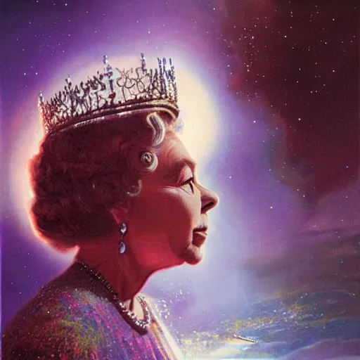 Prompt: Concept art of Queen Elizabeth II stepping out of the tardis, mysterious, ultrarealistic, cinematic lighting, 4k, wide angle, Bruce Pennington