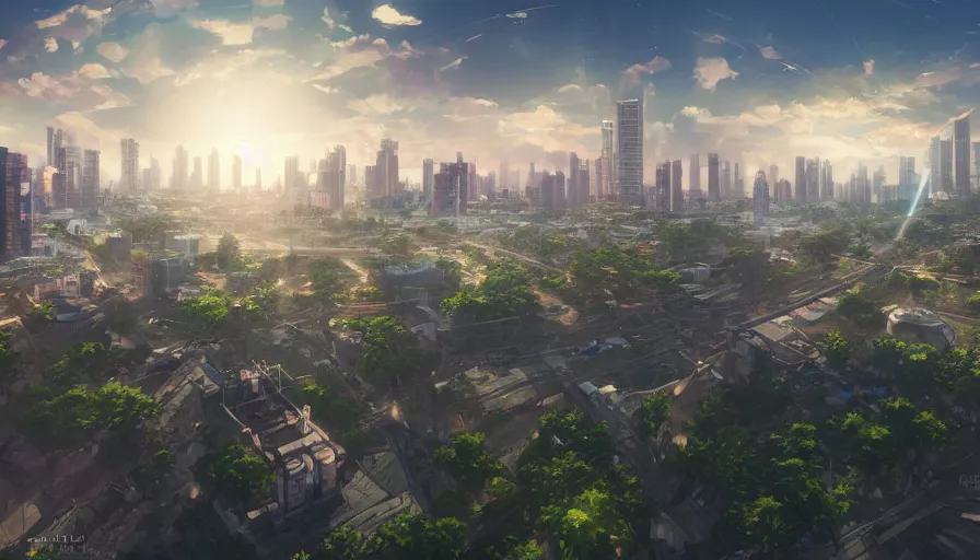 Image similar to bonifacio global city skyscape, serene evening atmosphere, soft lens, soft light, in the style of cgsociety, deviantart, artstation, zbrush, cinema 4 d, studio ghibli, akihiko yoshida, atelier lulua, masamune shirow