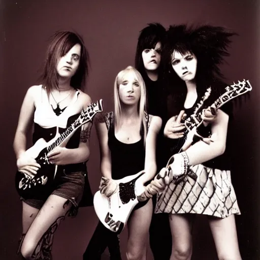 Image similar to Group of 19-year-old women holding electric guitars, shaggy hair, punk rock, riot grrl, hardcore punk, post-hardcore, alternative rock, band promo photo, 1994 photograph