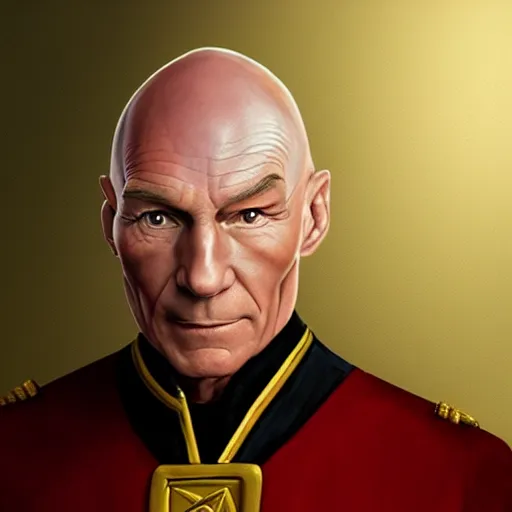 Prompt: realism portrait Captain Picard wears an Star Trek captain uniform whilst wearing a red velvet robe and golden crown anna podedworna arkhip kuindzhi raphael lacoste guillem h. pongiluppi grisaille