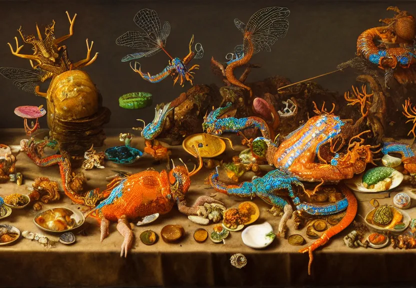 Prompt: an opulent banquet of food covered with colorful nudibranch and sea slugs, there are iridescent dragonflies flying everywhere, reclaimed lumber, detailed and intricate environment, hyperrealism, food photography, rembrandt