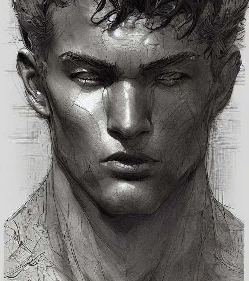 Image similar to bronze - skinned handsome boy, cartoon character, pen and ink, intricate line drawings, by craig mullins, ruan jia, kentaro miura, greg rutkowski, loundraw