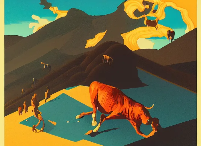 Prompt: isometric painting of a cow devouring a human, black mountains, rhads, dark atmosphere, fire, edward hopper, tristan eaton, victo ngai