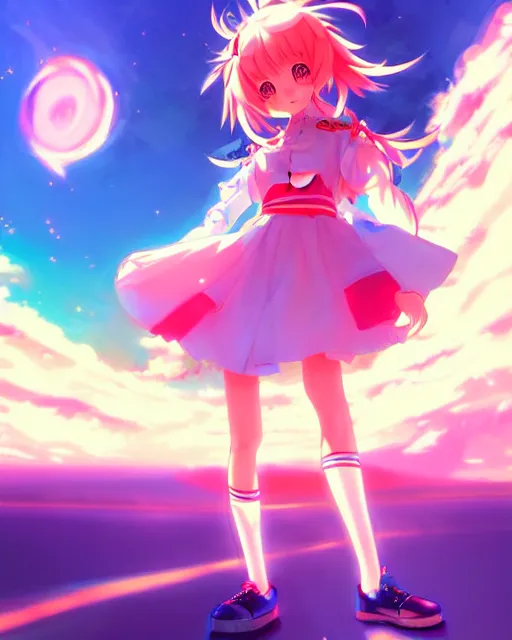 Image similar to anime style, vivid, expressive, full body, 4 k, painting, a cute magical girl with a long wavy hair wearing a sailor outfit, correct proportions, stunning, realistic light and shadow effects, neon lights, studio ghibly makoto shinkai yuji yamaguchi