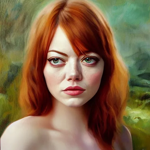 Image similar to emma stone, chthonic portrait, by shulzhenko, nikolay kopeykin, lozhkin, vdovenko, oil painting art